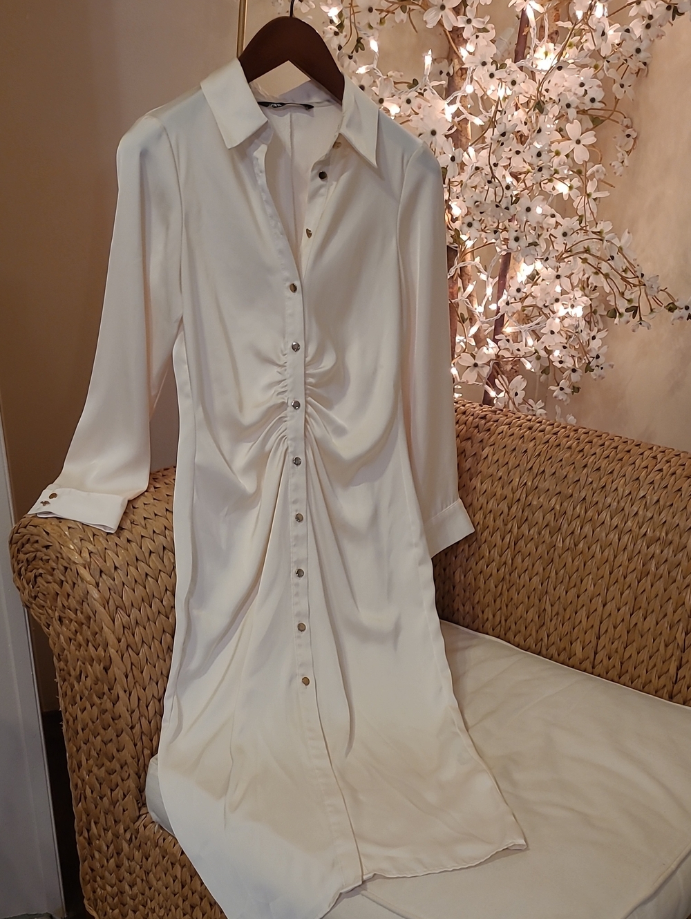 Zara Cream Button-Front Ruched Satiny Shirt Dress